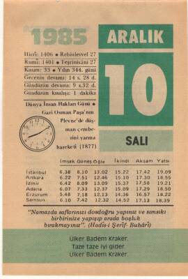 10 Aralık 1985 Takvim Yaprağı EFM(N)4107 - 3