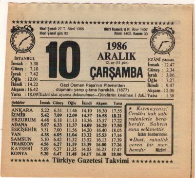 10 Aralık 1986 Takvim Yaprağı EFM(N)4322 - 3