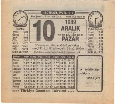 10 Aralık 1989 Takvim Yaprağı EFM(N)4200 - 3