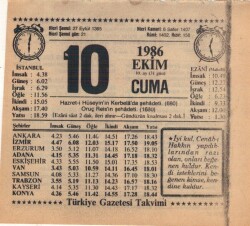 10 Ekim 1986 Takvim Yaprağı EFM(N)3073 - 3