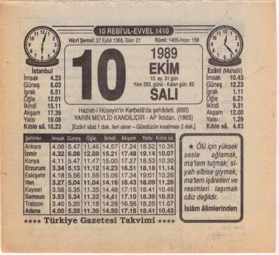 10 Ekim 1989 Takvim Yaprağı EFM(N)3104 - 2