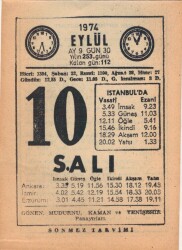 10 Eylül 1974 Takvim Yaprağı EFM(N)2682 - 3