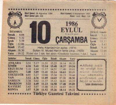 10 Eylül 1986 Takvim Yaprağı EFM(N)2685 - 3