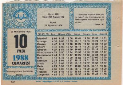 10 Eylül 1988 Takvim Yaprağı EFM(N)2686 - 3