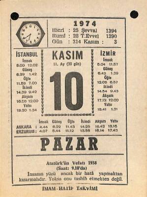 10 Kasım 1974 Takvim Yaprağı - Doğum Günü Hediyesi EFM(N)10772 - 4