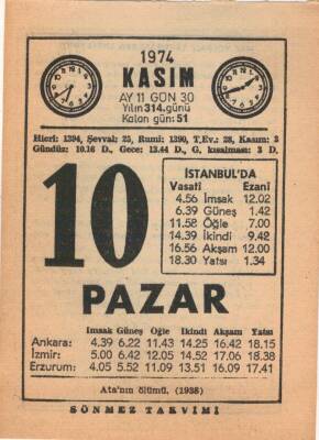 10 Kasım 1974 Takvim Yaprağı EFM(N)3320 - 3