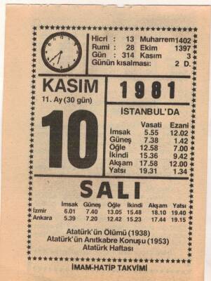 10 Kasım 1981 Takvim Yaprağı EFM(N)4262 - 3