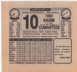 10 Kasım 1990 Takvim Yaprağı EFM(N)3924 - 3