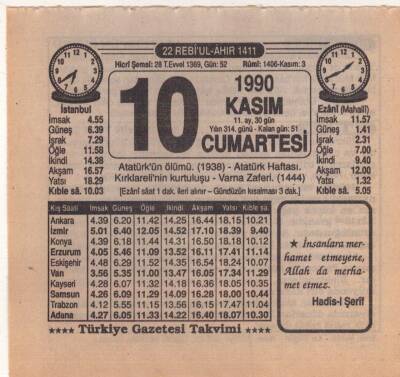 10 Kasım 1990 Takvim Yaprağı EFM(N)3924 - 2