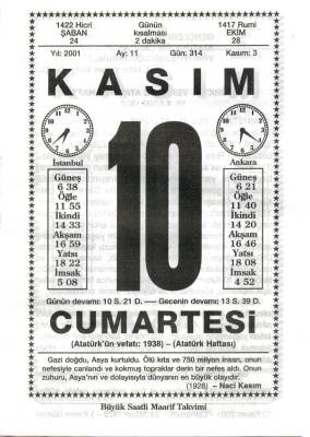 10 Kasım 2001 Takvim Yaprağı Doğum Günü Hediyesi EFM(N)3997 - 3