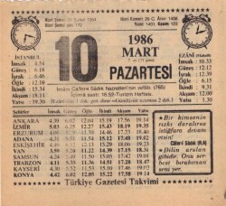 10 Mart 1986 Takvim Yaprağı EFM(N)5920 - 3