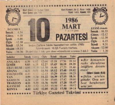 10 Mart 1986 Takvim Yaprağı EFM(N)5920 - 1