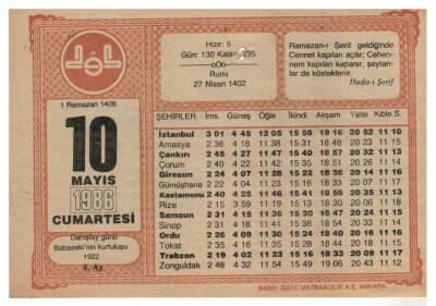 10 Mayıs 1986 Takvim Yaprağı EFM1031 - 1