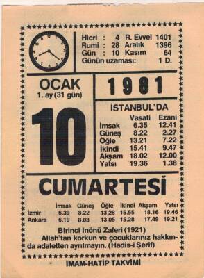 10 Ocak 1981 Takvim Yaprağı EFM(N)4656 - 1