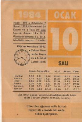 10 Ocak 1984 Takvim Yaprağı EFM(N)4749 - 1