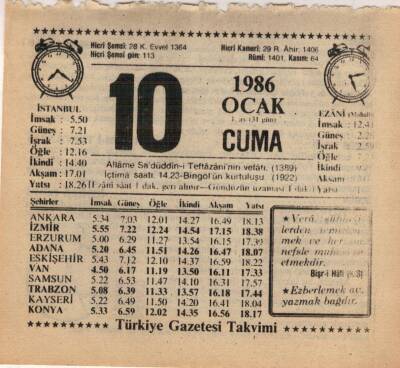 10 Ocak 1986 Takvim Yaprağı EFM(N)5028 - 1