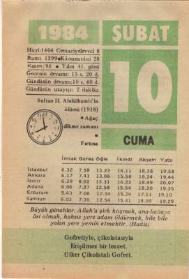 10 Şubat 1984 Takvim Yaprağı EFM(N)5333 - 1