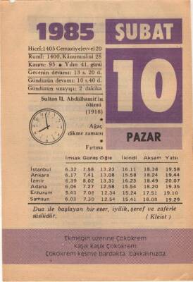 10 Şubat 1985 Takvim Yaprağı EFM(N)5136 - 1