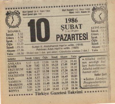 10 Şubat 1986 Takvim Yaprağı EFM(N)5221 - 1