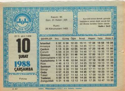 10 Şubat 1988 Takvim Yaprağı EFM(N)5500 - 1