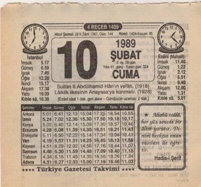 10 Şubat 1989 Takvim Yaprağı EFM(N)5362 - 1