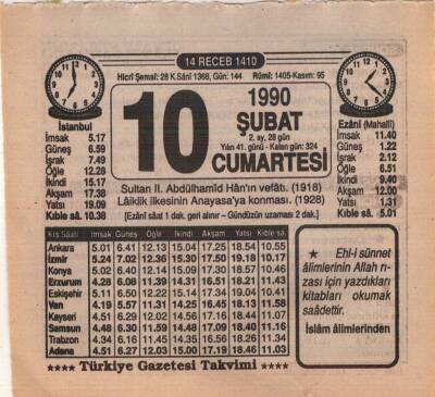 10 Şubat 1990 Takvim Yaprağı EFM(N)5193 - 1