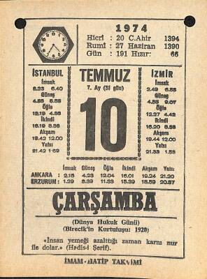 10 Temmuz 1974 Takvim Yaprağı - Doğum Günü Hediyesi EFM(N)12121 - 1