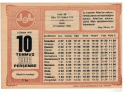 10 Temmuz 1986 Takvim Yaprağı EFM1056 - 1