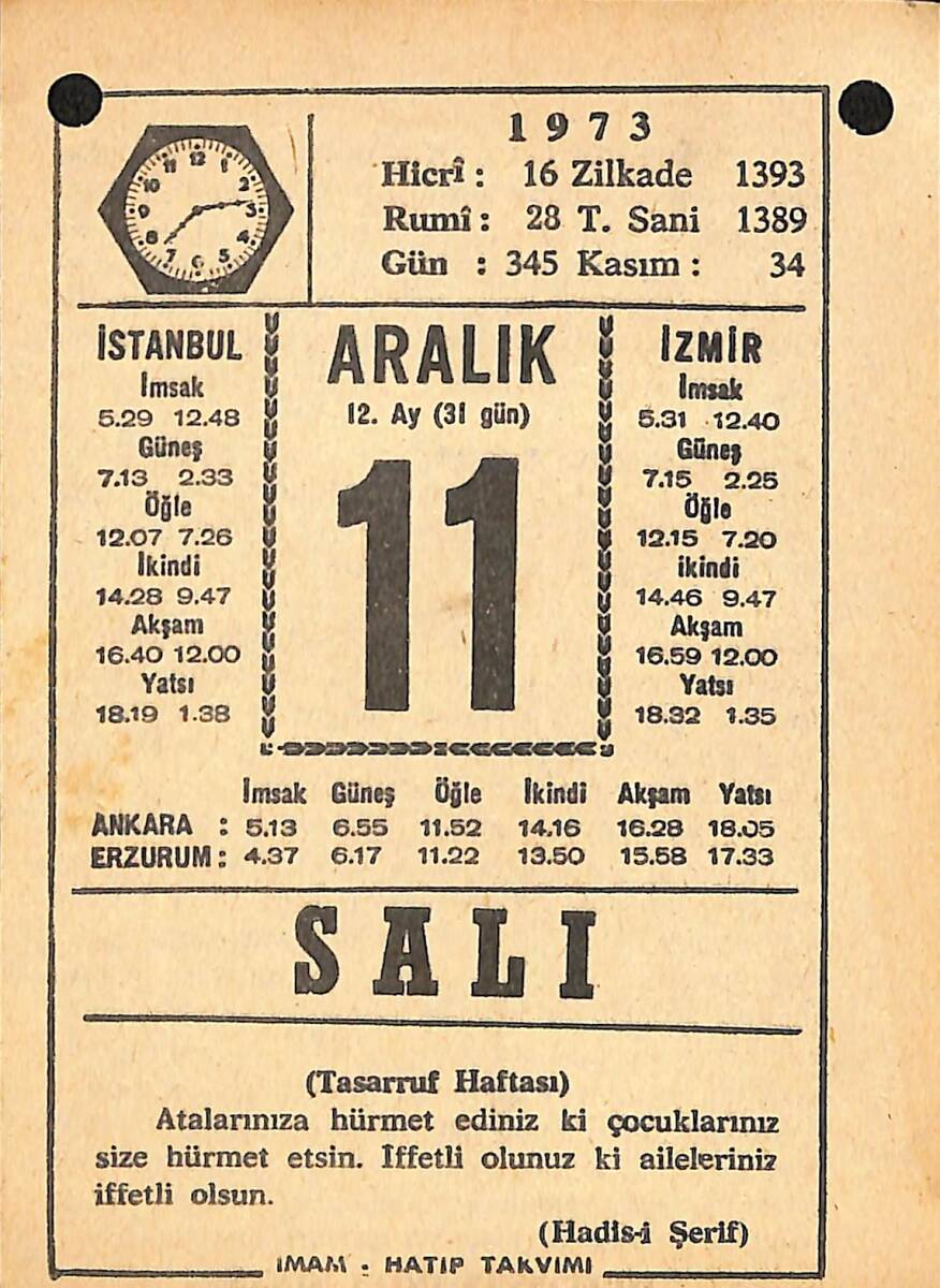 11 Aralık 1973 Takvim Yaprağı - Doğum Günü Hediyesi EFMN13675 - 1