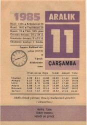 11 Aralık 1985 Takvim Yaprağı EFM(N)4108 - 3