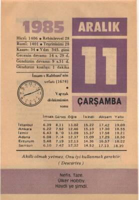 11 Aralık 1985 Takvim Yaprağı EFM(N)4108 - 3