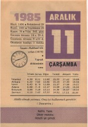 11 Aralık 1985 Takvim Yaprağı EFM(N)4108 - 2