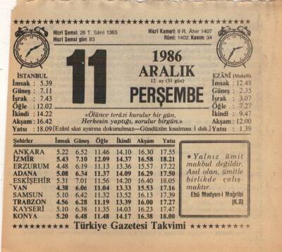 11 Aralık 1986 Takvim Yaprağı EFM(N)4323 - 3