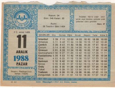 11 Aralık 1988 Takvim Yaprağı EFM(N)4477 - 3