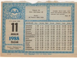 11 Aralık 1988 Takvim Yaprağı EFM(N)4477 - 2