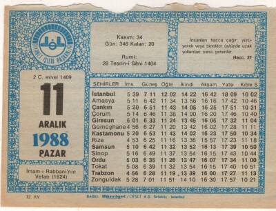 11 Aralık 1988 Takvim Yaprağı EFM(N)4477 - 1