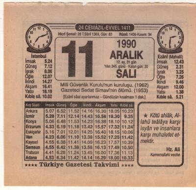 11 Aralık 1990 Takvim Yaprağı EFM(N)4139 - 3