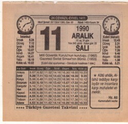 11 Aralık 1990 Takvim Yaprağı EFM(N)4139 - 2