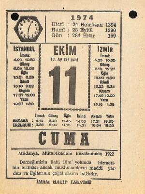 11 Ekim 1974 Takvim Yaprağı - Doğum Günü Hediyesi EFM(N)10572 - 4