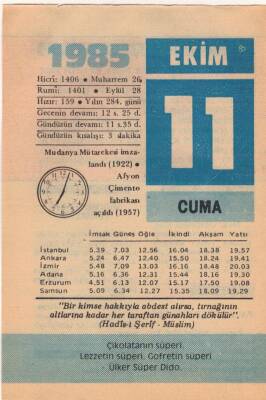 11 Ekim 1985 Takvim Yaprağı EFM(N)3043 - 2