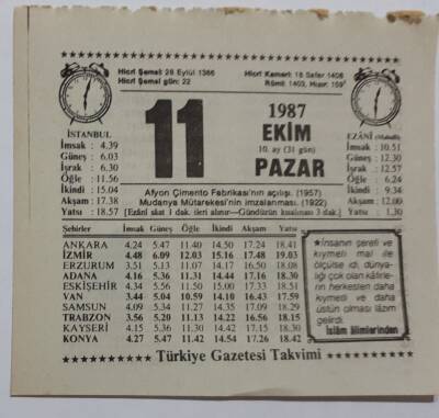 11 Ekim 1987 Takvim Yaprağı - Doğum Günü Hediyesi EFM(N)7119 - 1