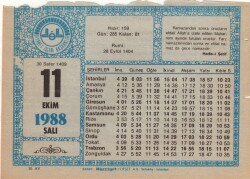 11 Ekim 1988 Takvim Yaprağı EFM(N)3198 - 1