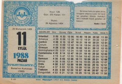 11 Eylül 1988 Takvim Yaprağı EFM(N)2697 - 2