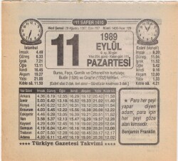 11 Eylül 1989 Takvim Yaprağı EFM(N)2698 - 3