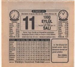 11 Eylül 1990 Takvim Yaprağı EFM(N)2699 - 3