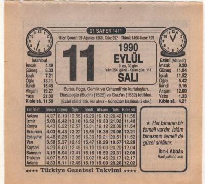 11 Eylül 1990 Takvim Yaprağı EFM(N)2699 - 2