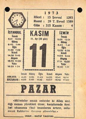 11 Kasım 1973 Takvim Yaprağı - Doğum Günü Hediyesi EFM(N)10714 - 3