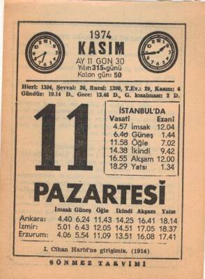 11 Kasım 1974 Takvim Yaprağı EFM(N)3321 - 3