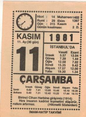 11 Kasım 1981 Takvim Yaprağı EFM(N)4263 - 1