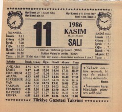 11 Kasım 1986 Takvim Yaprağı EFM(N)3411 - 3